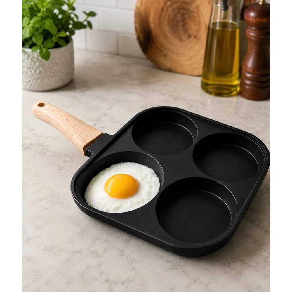 Brodark 4 Hole Non Stick Egg Frying Pan Wooden Handle Square Breakfast Maker